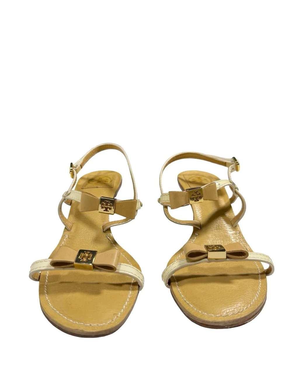 Tory Burch Kailey Patent Leather Bow Sandals Womens 8.5M Cream Tan Heels